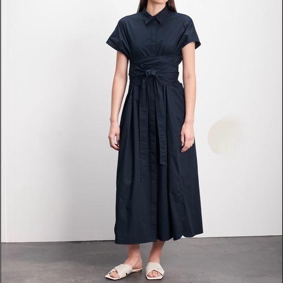 ROUCHA Chic Navy Midi Dress with Tie Waist - Picture 1 of 6